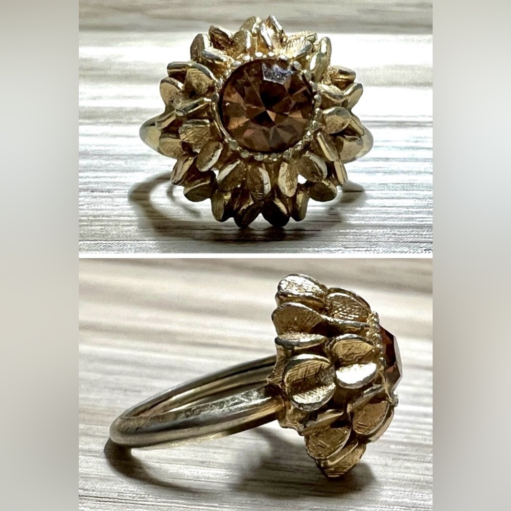 Antique Gold Tone Designer Signed AVON Radiance Amber Gemstone Ring, Size 5